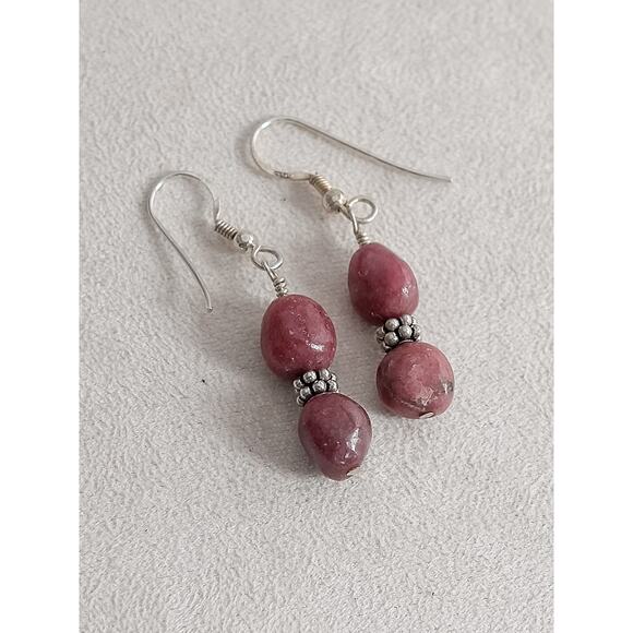 Vintage Rhodonite Sterling Silver Dangle Earrings French Hooks Drop Gemstone - Picture 1 of 5